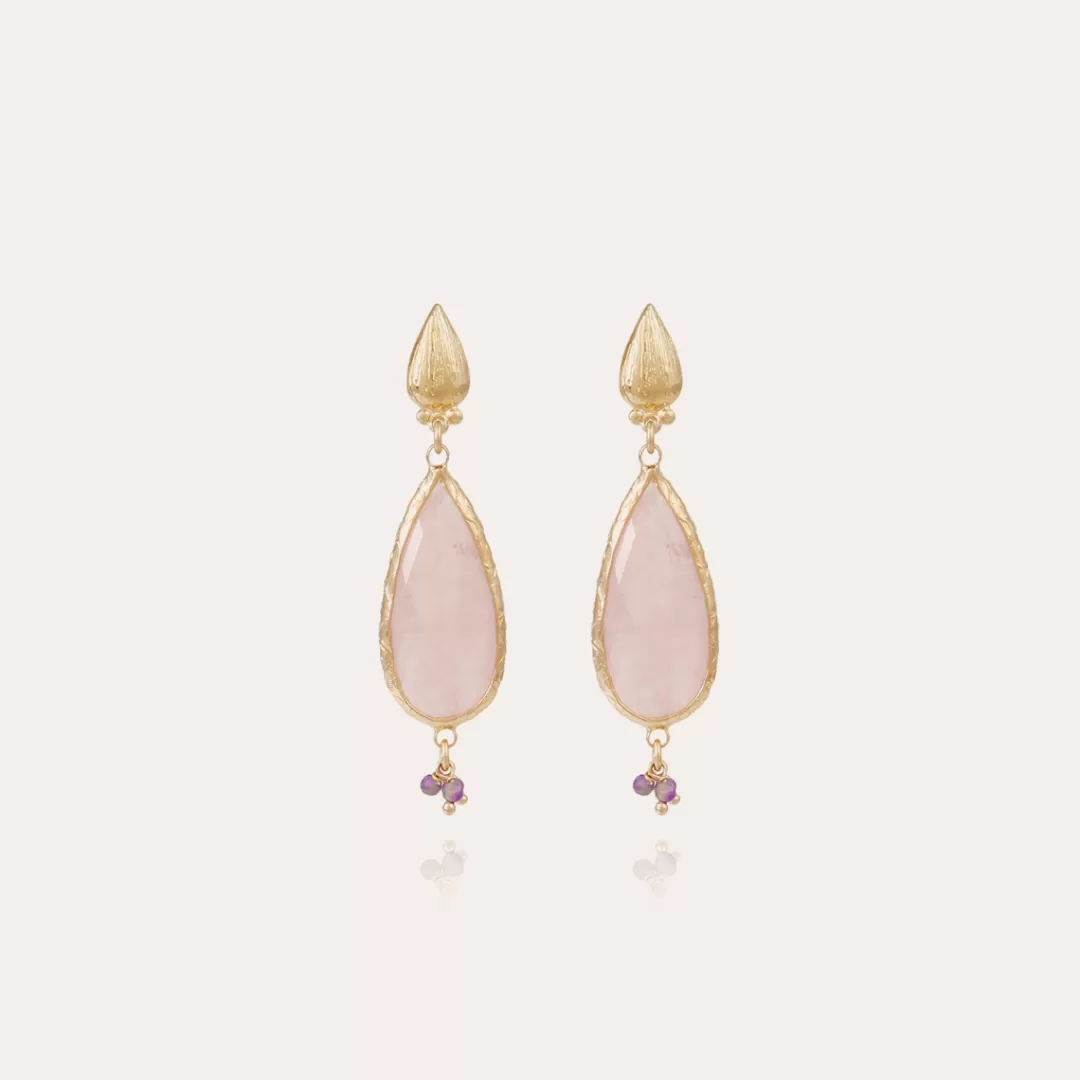 Gas Bijoux Boucles D'Oreilles Serti Goutte Petit Modele Dorees-Quartz Rose