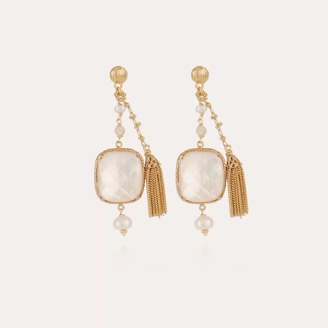 Gas Bijoux Boucles D'Oreilles Serti Pondicherie Petit Modele Dorees-Nacre Blanche